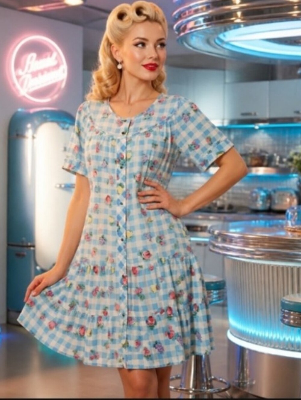 Vintage-Inspired Blue Gingham Floral Button-Front Dress